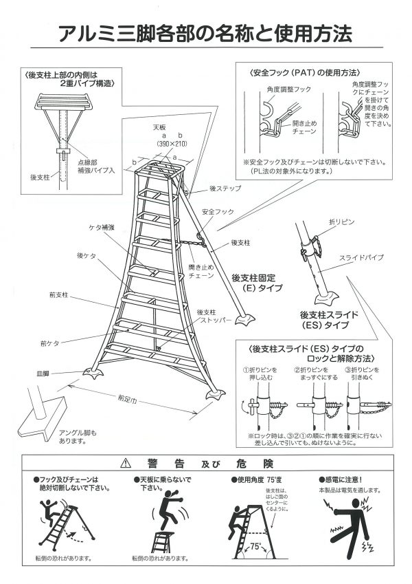 アルミ三脚各部の名称と使用方法